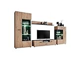 Wohnwand Anbauwand Solo Schrankwand mit Led Beleuchtung TV Board Wohnzimmer modern gehärtetes Glas Wandregall Matt Vitrine verglast einfache Selbstmontage 10 (Artisan Eiche +Schwarz Mat)