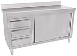 Beeketal 'BAS140-60L' Gastro Edelstahl Küchenschrank mit 3 Schubladen (Links), 2 Rolltüren und 4 verstellbaren Standfüßen, Küchen Arbeitsplatte mit 10 cm Aufkantung - (L/B/H) ca. 1400 x 600 x 950 mm