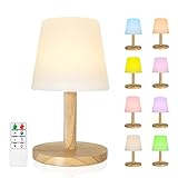FUYO LED Akku Tischlampe Outdoor Dimmbare RGB Warmweiß Tischleuchte mit Fernbedienung USB-Aufladbar Led Kabellos Tischlampe, mit Holzsockel, für Außen Garten Wohnzimmer Schlafzimmer Büro