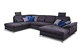 Cavadore Wohnlandschaft Castiel mit Federkern / Großes U-Form-Sofa mit Schlaffunktion, Bettkasten, Sitztiefenverstellung und Kopfstützen / 368 x 114 x 232 / Webstoff, Dunkelblau