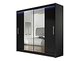 Kleiderschrank London II mit Spiegel, Schiebetürenschrank, Schwebetürenschrank, Modernes Schlafzimmerschrank 180x215x58cm, Garderobe, Schlafzimmer (Schwarz, mit RGB LED Beleuchtung)