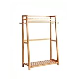 BBAUER Freistehender Kleiderständer Mit 4 Haken Holz-Garderobenständer Mit 2-lagigem Lagerregal Offener Kleiderschrank Für Wohnzimmer Und Schlafzimmer (Color : Log Color, Size : 118cm)