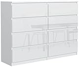 meble masztalerz Kommode Weiss Hochglanz mit 8 Schubladen 120 cm, Sideboard Wohnzimmer, Kommode Schlafzimmer H: 101,5 cm, B: 120,4 cm, T: 39 cm Kommode mit Schubladen, Schubladenschrank