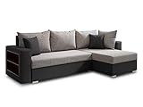 Ecksofa Lord mit Regal und Schlaffunktion - Sofa mit Bettkasten, Schlafsofa, Polsterecke, Couch L-Form, Couchgarnitur, Sofagarnitur (Schwarz + Grau (Dolaro 08 + Berlin 01), Ecksofa Rechts)