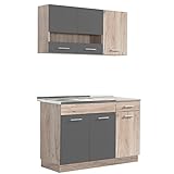 Homestyle4u 2359, Küche Küchenzeile Küchenblock Eiche Holz Grau Einbauküche Single Küchen Schränke 120 cm