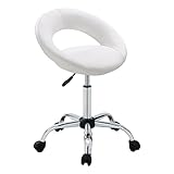 Duhome Drehstuhl mit Rollen, Rollhocker Kunstleder Drehhocker Schminktisch Hocker mit Lehne Arbeitshocker Bürohocker Höhenverstellbar, Weiss