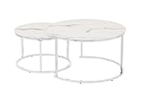 HOOZ Couchitsch 2er Set Rund, Beistelltisch Metall, Wohnzimmer Tisch für Couch und Sofatisch, Nachttisch für Dekoration (80x80x45 cm und 60x60x41 cm) (Chrom Marmor weiß)
