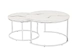 HOOZ Couchitsch 2er Set Rund, Beistelltisch Metall, Wohnzimmer Tisch für Couch und Sofatisch, Nachttisch für Dekoration (80x80x45 cm und 60x60x41 cm) (Chrom Marmor weiß)