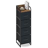 Kommode mit 4 Schubladen Wildleder Stoffschrank Schmal Sideboard Vintage Highboard Metall Container Schränke Organizer Küche Schlafzimmer Büro Flur Wohnzimmer Gästezimmer Schwarz + Grau Holz + Stahl