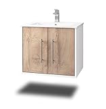 Stil.Zeit Evelou Badmöbel inkl. Waschbecken | Waschtisch mit Unterschrank 60.5 cm | Weiß/Dekor Eiche Natur| Metallgriffe/hängend