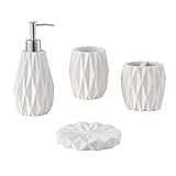 ZCCZ Badezimmer Set – 4 Teile – Badezimmer Organizer mit Zahnbürstenhalter, Seifenspender, Seifenschale, Becher für Kosmetik und Wattestäbchen – Hochwertiges Badezimmer Set in Weiß