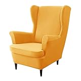 OQHAIR 2-teiliger Samtplüsch Husse für Ohrensessel Weich dehnen Sessel Überwürfe für Ohrensessel T-Kissen Sesselschutz für Wohnzimmer -Gold