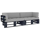 JUNZAI 2-Sitzer-Palettensofa mit Kissen, Balkon Möbel, Gartensofa, Gartenlounge, Garten Möbel, Loungemöbel Balkon, Sitzecke Garten, Outdoor Lounge, Schwarz Kiefer Imprägniert