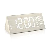 Wecker Digital Holz, LED Tischuhr Holzoptik 7 Helligkeit und 5 Lautstärke Dual Alarm Digital Uhr mit Luftfeuchtigkeit- und Temperaturanzeige USB Netzanschluss für Schlafzimmer, Büro, Wohnzimmer Weiß