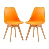 EGGREE 2er Set Esszimmerstühle mit Massivholz Buche Bein, Skandinavisch Design Gepolsterter aus PU-Leder Küchenstuhl Essstühle, Orange