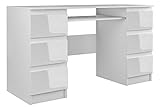 ADGO Kuba Computertisch mit 6 Schubladen 130x76x51 cm, Keyboardständer, Bürotisch, Stauraum, Schreibtisch für Arbeit, Büro, Arbeitszimmer, Zimmer, Kinderzimmer (Versand in 2 Packungen) (Weißer Glanz)