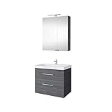 Planetmöbel Waschtischunterschrank 64cm mit Spiegelschrank Badmöbel Set für Badezimmer Gäste WC Anthrazit