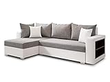 Ecksofa Lord mit Regal und Schlaffunktion - Sofa mit Bettkasten, Schlafsofa, Polsterecke, Couch L-Form, Couchgarnitur, Sofagarnitur (Weiß + Grau (Dolaro 511 + Berlin 01), Ecksofa Links)