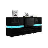 Senvoziii Sideboard Kommode in Hochglanz Schwarz Highboard Anrichte Standschrank mit 2 Türen 4 Schubladen und LED Beleuchtung 177 cm