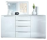 Vladon Sideboard Linio 138,5 x 72,5 x 35 cm Anrichte mit 2 Türen und 4 Schubladen, Korpus in Weiß matt, Fronten in Weiß Hochglanz