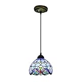 AOTEGA Pendellampe 1-Flammig Tiffany-Stil Retro E27 Pendelleuchte Esszimmerleuchte Blau/Bunt Handgefertigter Glas Schirm Höhenverstellbar Hängelampe Wohnzimmer Schlafzimmer Esstisch,D20CM…