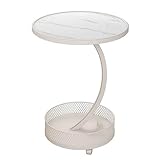 Meiiron Kleiner Beistelltisch mit Stauraum und Universalrädern, runder Terrassen-Beistelltisch, 2-stufiger Beistelltisch mit Korb, Nachttisch for Kleinigkeiten, Bücher – Weiß