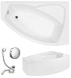 VBChome Badewanne 140x90 cm Acryl SET Schürze Siphon Wanne Ecke Eckbadewanne Weiß Design Modern Ablaufgarnitur Viega Simplex Wanne rechts Schürze Ablaufgarnitur Füße