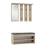 CDF Garderobe Parma 2P | Farbe: Eiche Sonoma | Großer Spiegel | Kleiderbügel | Geräumiger Schuhschrank | Ideal für Diele, Flur | Praktische Ablagen | Modernes Design