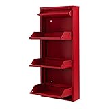 KUFFE Schuhschrank Metall Schuhregal Schmal Hoch Schuhkipper mit Magnet Klappen aus Pflegeleichtem Metall Montiert Schuhschrank und Wandmontage (3 Plus Klappen, Rot)