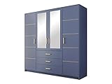 Drehtürenschrank Bado 4D II, Kleiderschrank mit Spiegel, Schubladen und Spiegeltüren, Elegantes Schlafzimmer Schrank, Jugendzimmer, Farbauswahl (blau/blau + Gold)