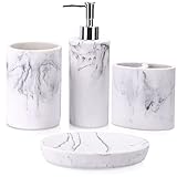 ZCCZ Badezimmer Set – 4 Teile – Badezimmer Organizer mit Zahnbürstenhalter, Seifenspender, runde Seifenschale, Zahnputzbecher, für Kosmetik – Edle Badezimmer Deko in Marmor-Optik, weiß