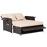 COSTWAY Rattan Sofa Set - 2 Sitzer Sessel mit Ottomane & 2 Beistelltisch, Terrassensofa Schlaffunktion Lounge Gartensofa verstellbar für Outdoor Balkon und Garten 170x120x91cm