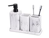 ZCCZ Badezimmer Set – 4 Teile – Badezimmer Organizer mit Zahnbürstenhalter, Zahnputzbecher, Seifenspender, Seifenschale, für Kosmetik und Wattestäbchen – Edle Badezimmer Deko in Marmor-Optik, weiß