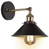 Retro verstellbare Schwingarm-Wandleuchte, amerikanische Deckel-Wandleuchte, Schmiedeeisen-Lack-Lampenschirm, Nachttisch-Leseleuchte, Wohnzimmer, Restaurant, Flurbeleuchtung ( Color : Black+brass )