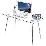 GOLDFAN Schreibtisch Glas Bürotisch Computertisch Arbeitstisch Eckschreibtisch Rechteckiger Tisch mit Silber Metallbeine