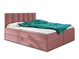 Boxspringbett Star mit Topper, Bonell-Matratze und 2 Bettkästen, Doppelbett, Polsterbett, Bett, Bettgestell, Stilvoll, Schlafzimmer, Velour oder Webstoff (Pink (Kronos 29), 140 x 200 cm)