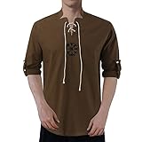 Herren Herbst und Winter Freizeit Reisen Baumwolle Leinen Vintage Hoodless Kordelzug T-Shirt Langarm Top Chronograph Airsoft (Brown #1, XXL)