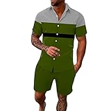 Herren Freizeit Sport Hawaii Beach Style Stitching Stripe Print Kurzarm Hemdhose Zweiteiliges Set Serbien Trainingsanzug (Grün-E,Grün-E)