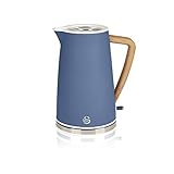 Swan Nordic Ultra Schneller elektrischer Wasserkocher, kabellos, modernes Design, 1,7 l, 2200 W, Griff in Holzoptik, automatische Abschaltung, Blau matt