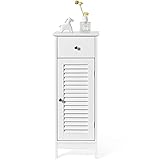 COSTWAY Badezimmerschrank mit Schublade und Lamellentür, freistehender Unterschrank mit verstellbarem Regal & Anti-Kippschutz, Bodenschrank aus Holz, perfekt für kleine Ecken, Weiß