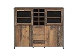 FORTE Clif Highboardvitrine mit 3 Türen unf 2 Glastüren, Holzwerkstoff, Old – Wood Vintage/ Betonoptik Dunkelgrau, 151,4 x 127,9 x 41,6 cm