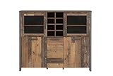 FORTE Clif Highboardvitrine mit 3 Türen unf 2 Glastüren, Holzwerkstoff, Old – Wood Vintage/ Betonoptik Dunkelgrau, 151,4 x 127,9 x 41,6 cm