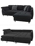 Modernes Ecksofa mit Schlaffunktion u.Bettkasten, Wellenunterfederung, gemütliches L-Sofa 250 x 190 cm, Longchair Ottomane rechts, Couch m.Microfaser-Stoff Anthrazit Schwarz, 2 Zierkissen Grau | 17113