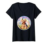 Damen Yorkie Rainbow Bridge Netter bunter Yorkshire-Terrier-Hund T-Shirt mit V-Ausschnitt