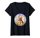 Damen Yorkie Rainbow Bridge Netter bunter Yorkshire-Terrier-Hund T-Shirt mit V-Ausschnitt