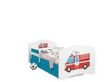 Happy Babies - Doppelseitiges KINDERBETT MIT SCHUBLADE Modernes Design mit sicheren Kanten und Absturzsicherung Schaumstoffmatratze 7 cm Blau (Feuerwehrauto, 190x90)