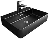 Alpenberger Waschbecken 60 cm | Aufsatzwaschbecken Schwarz Matt Gäste WC | Keramik Waschbecken Eckig | Aufsatzwaschbecken mit Überlauf und Hahnloch | Lavabo Badwaschtisch mit Nano Beschichtung