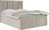 WFL GROUP Boxspringbett mit Bettkasten 120x200 140x200 160x200 180x200 200x200 Doppelbett Gepolstert Bett Mit Matratze und Topper - Stauraumbett mit Kopfteil - Beige Samt - 180 x 200 cm