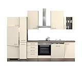 RIWAA - Küchenzeile Belfast mit Elektrogeräten und Glashängeschrank - 15-teilig - Breite 310 cm - Creme Samtmatt/Eiche Dekor