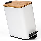 Kazai. 5l Design Kosmetikeimer | Bambus-Holzdeckel | Absenkautomatik | rutschfest | Anti-Fingerabdruck Beschichtung | Weiß